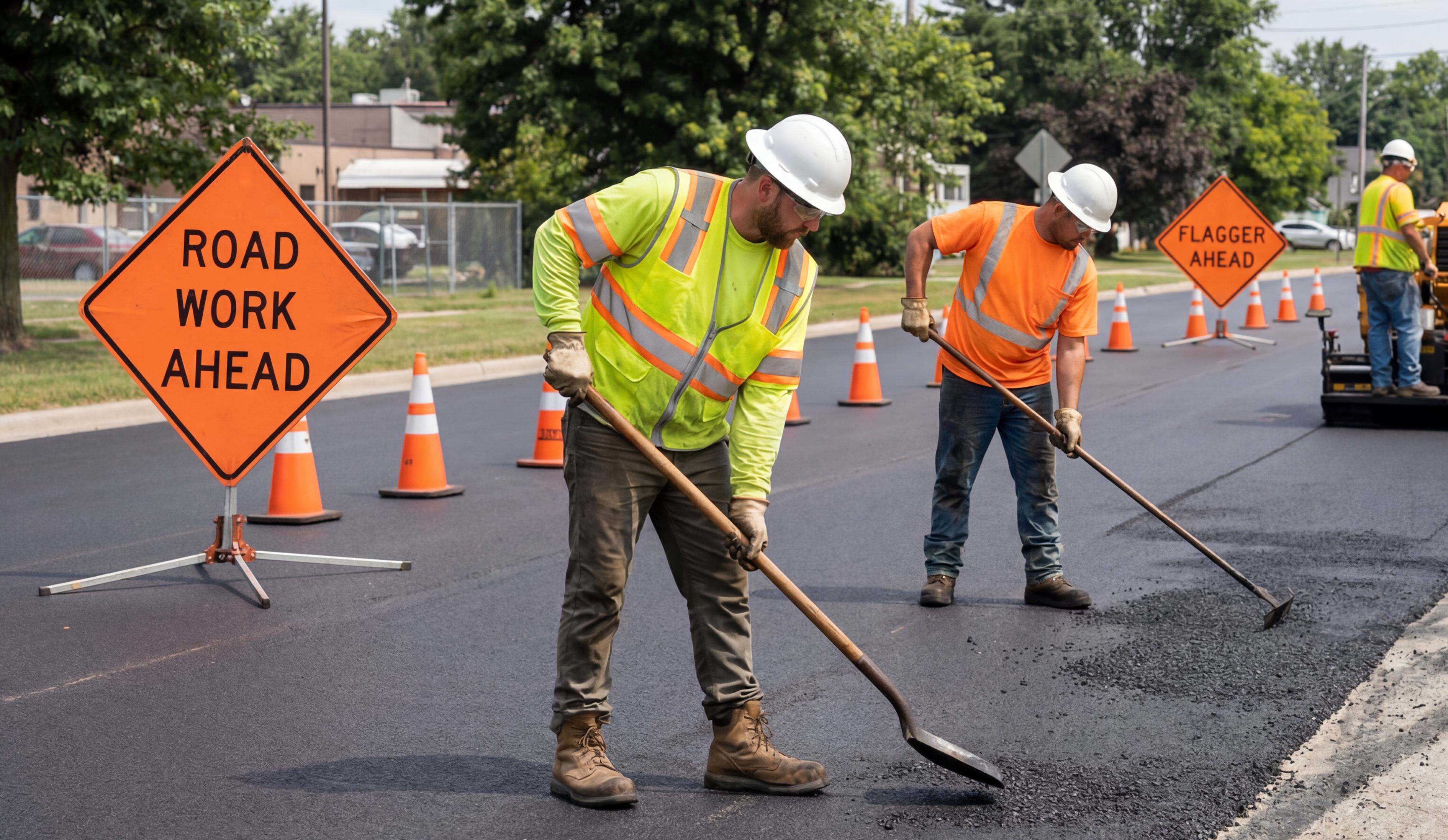 Road work crew with safety signs and cones